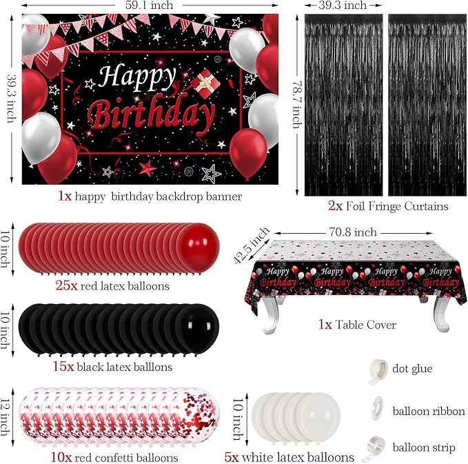 Red and Black Birthday Decorations for Men Women, Happy Birthday Decorations fo Boys Girls Party Decoration Backdrop & Tablecloth Balloons Arch Kit Confetti Balloons Foil Fringe Curtains Table Cover
