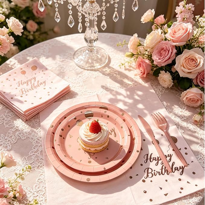Birthday Decorations Supplies 194 Pcs Pink & Rose Gold Birthday Party Tableware, Includes Paper Dessert Plates and Napkins, Serves 24 for Girls' Sweet 16 Party, Baby Shower, Women's Birthday