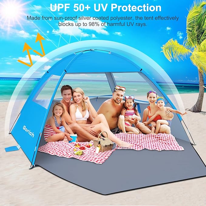 Gorich Beach Tent Sun Shelter for 3/4/6/8/10 Person with UPF 50＋ UV Protection, Lightweight & Easy Setup Beach Shade Canopy, Portable Beach Shade Tent Beach Cabana