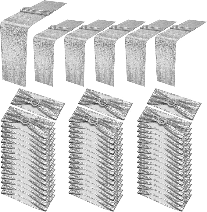 54 Pieces of Silver Sequin Chair Ribbons and Table Runners, 48 Sequin Chair Bows, 6 Glitter Table Runners, Suitable for Wedding Parties Birthday Meeting Events Decorations (Silver)