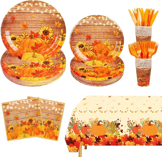 182pcs Fall Paper Plates and Napkins Set,Thanksgiving and Pumpkin Plates Disposable Dinnerware for Autumn Birthday Thanksgiving Party Decorations,Serve 30 Guests