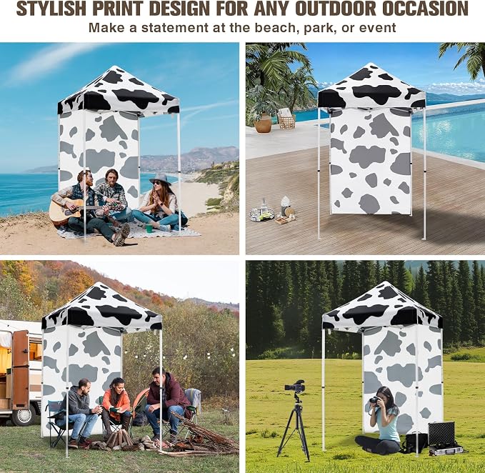 EAGLE PEAK Pop up Canopy 5x5, Outdoor Portable Canopy Tent with One Removable Sunwall, Carry Bag Included, Cow Print