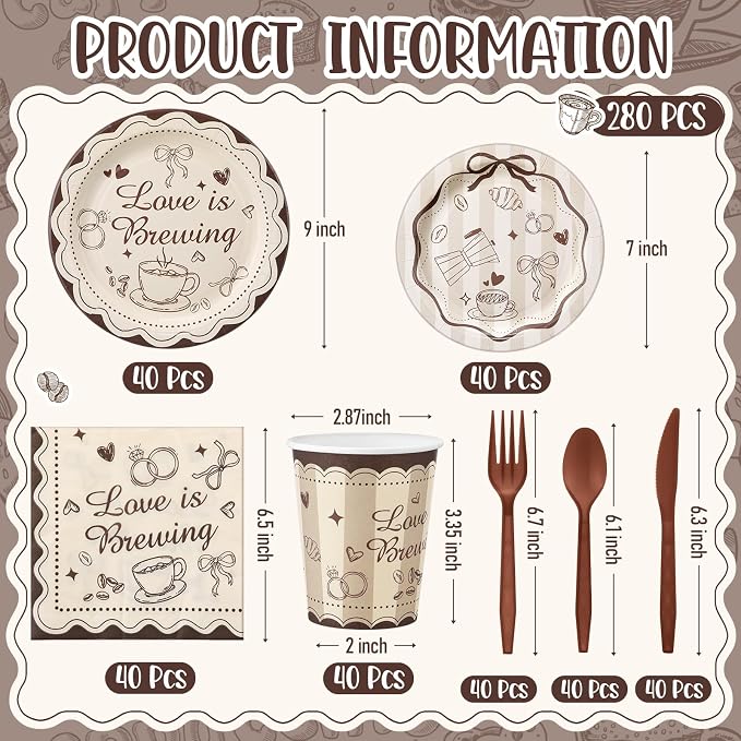 Ziliny 280 Pcs Love Is Brewing Bridal Shower Decorations Disposable Tableware Set Coffee Theme Paper Plates Napkins Plastic Knives Forks Spoons for Bachelorette Party Supplies Baby Shower Serves 40