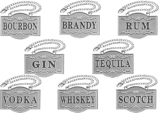 Decanter Tags - Liquor Tags (Set of 8, Gorgeous Silver) Liquor Decanter Label:Gin, Vodka, Bourbon, Whiskey, Brandy, Rum, Scotch, Tequila - Tags for Liquor bottle, Adjustable Chain, 2.36 x 1.57 inches