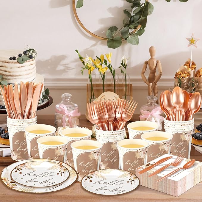 Dandat 350 Pcs Baby Shower Plates Set Baby Shower Party Supplies Serves 50 Tableware Sets Include Plates Napkin Cup Forks Knives Spoons Disposable Dinnerware(Boho Pampas Grass,Brown)
