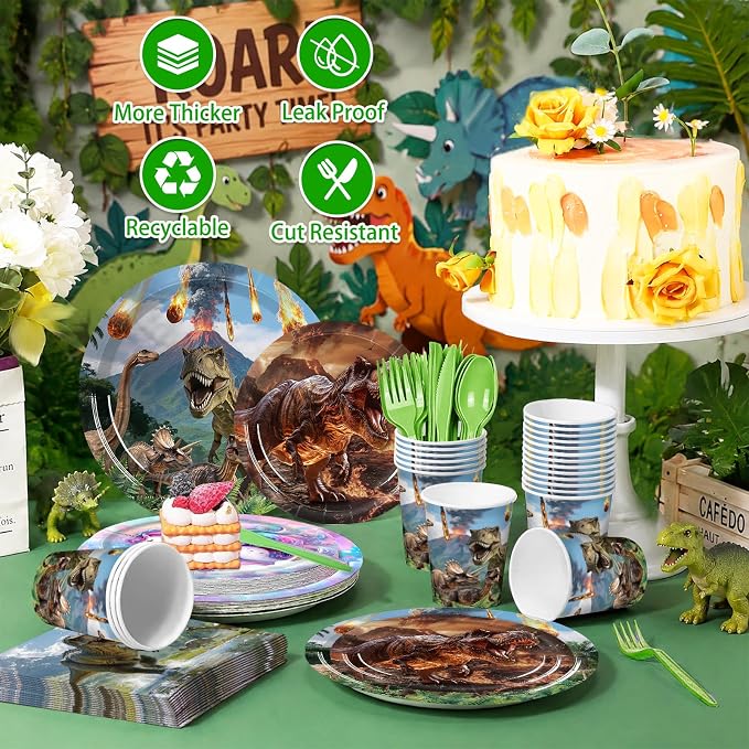 Dinosaur Birthday Party Supplies for 24 Guests, 203PCS Dinosaur Party Decorations with Banner, Tablecloth, Plates, Cups, Napkins, Cutlery, Hanging Swirls, Cake Toppers, Jurassic Party Pack