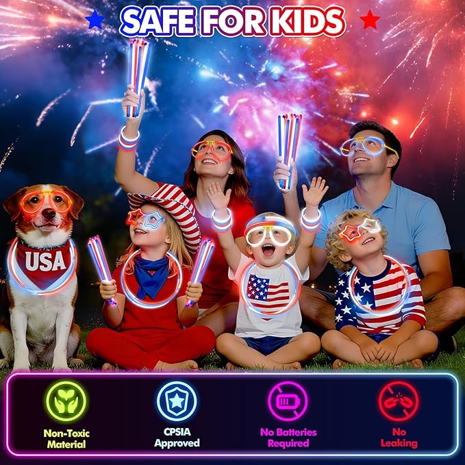 BUDI 467Pcs 4th of July Accessories Glow Sticks: Red White Blue Glow in the Dark Patriotic Party Favors Necklace Bracelets Glasses for Kids Adults 210 GlowSticks 8“ with 257 Connectors Light Up Toys