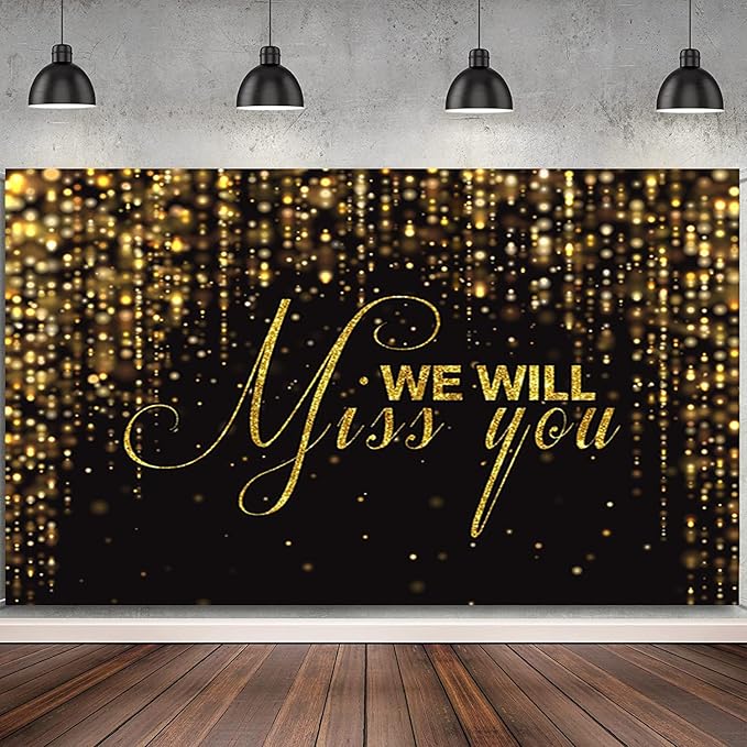 We Will Miss You Backdrop Banner 8x8ft Black Gold Going Away Party Photo Backdrop Background Men Women Goodbye Office Work Congrats Retirement Farewell Anniversary Graduation Party Decors