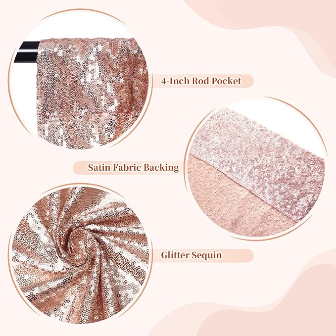 SquarePie 8x8ft Rose Gold Sequin Backdrop for Photography, Satin-Backed Real Sequin Curtain, Enhanced Coverage Shimmering Background with 4" Rod Pocket for Wedding, Birthday, Party Decor, 1 Panel
