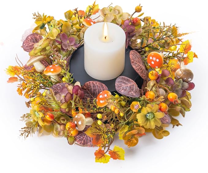 MOYEE Autumn Centerpieces for Tables Candle Ring, Black Metal Candlestick with an Artificial Wreaths 14 in Versatile Dining Table Centerpiece Decor (Mushroom and Daisy Wreath)