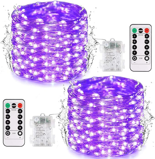 JMEXSUSS 2 Pack Christmas Fairy Lights Battery Operated, Total 400 LED 132ft Purple Christmas String Lights Indoor with Remote, 8 Modes Copper Wire Twinkle Lights for Bedroom Wall Tree Decor