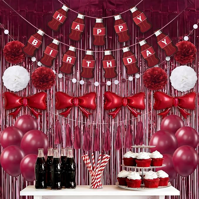Arrowbash 33 Pcs Burgundy Maroon White Birthday Decorations Include Happy Birthday Banner, Red Tinsel Foil Backdrop, Tissue Paper Pom Poms, Dots Garland, Bow Balloons, Paper Tassels (Bottle Style)