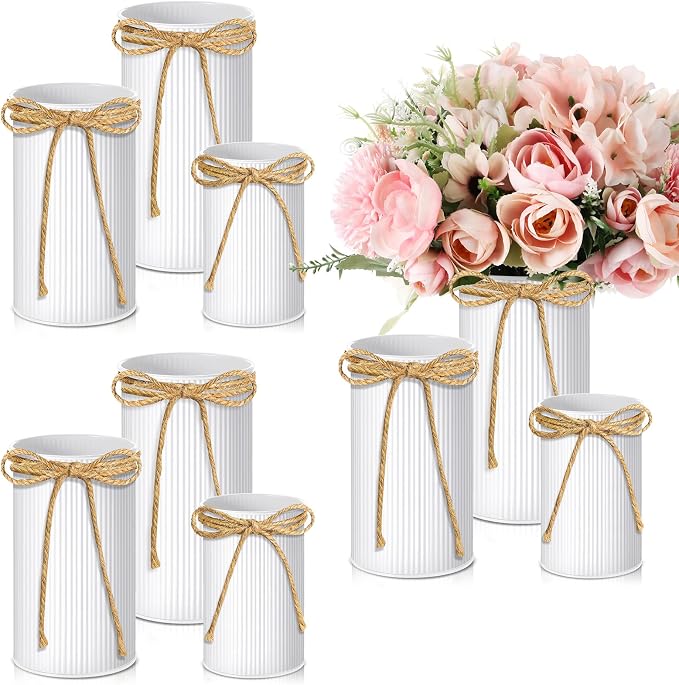Zonon 9 Pcs Farmhouse Vase Decor with Twine Bow 4.33" Galvanized Flower Bucket 5.91" Metal Pots 7.09" Rustic Decorated Vases for Artificial Flowers Home Table Weddings Decor (White)