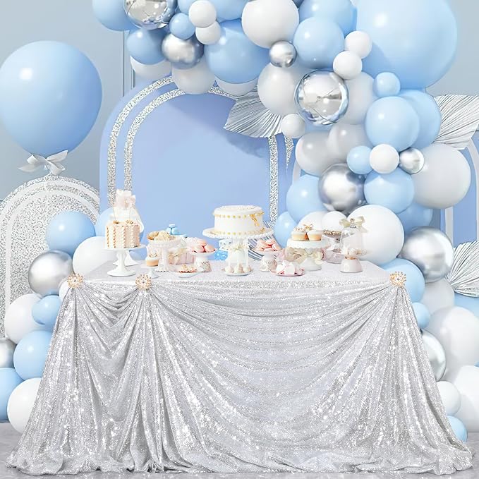 B-COOL Glitter Tablecloth Silver Sequin Tablecloth Christmas 90x132 Inch Rectangle Sequin Overlay Sparkly Table Cloth Sequin Fabric for Wedding Table Decoration
