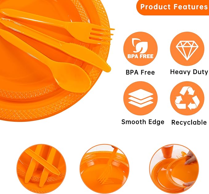 MirthMood 350PCS Orange Plastic Plates,Orange Disposable Plates Set– Plastic Plates Set Includes 50 Dinner,50 Dessert Plate,50 Cup&50 Napkins, 50 Silverware for Wedding & Birthday Parties