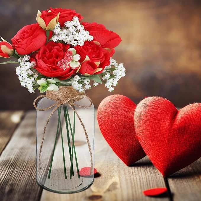 Zeyune 6 Sets Mason Jar Table Centerpiece with Artificial Peony Baby's Breath Flower Centerpieces Faux Flowers with Rope for Wedding Reception Engagement Bridal Shower Rustic Table Decor(Red)