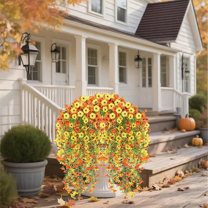4PCS Artificial Hanging Flowers for Outdoors Summer Decoration, Upgrade UV Resistant Faux Silk Hanging Plants for Outside Home Planter Porch Patio Decor (Orange&Yellow)