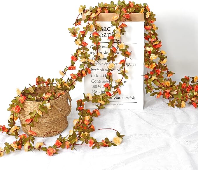 KHOYIME 9 Pack 72 FT Artificial Flower Garland, Fake Orange Roses Vines Silk Flowers Faux Plastic Outdoor Hanging Floral Garland Fall Autumn Decoration for Indoor Table Home Wall Backdrop Room Decor