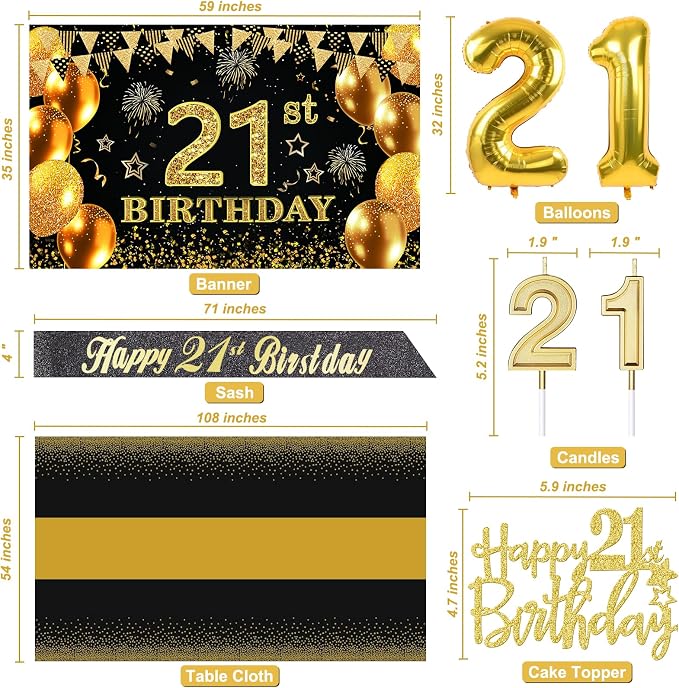 21st Birthday Decorations for Him Her with Banner, Black and Gold Table Cloth, Number Balloons, Large 21st Birthday Sash, Cake Topper and Candles