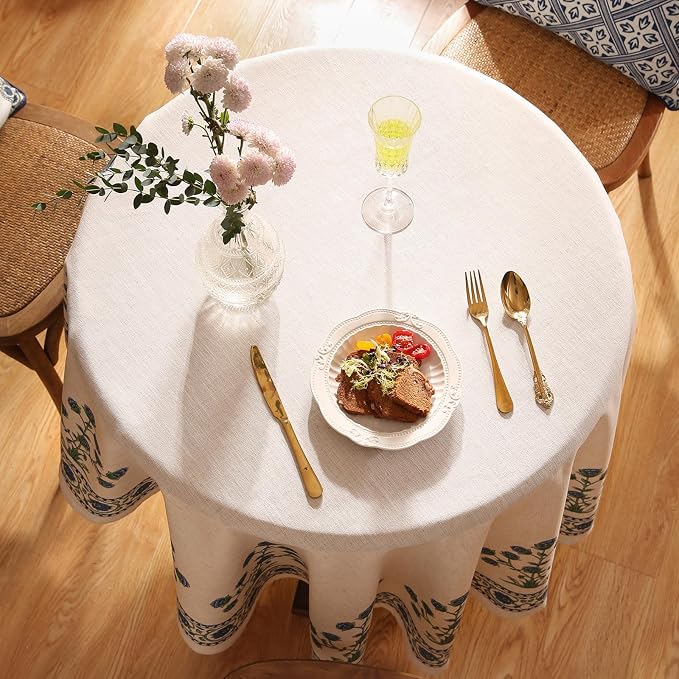 patdrea Vintage French Linen Tablecloth,Round,Diameter 67"-Ivar B | Elegant Table Cloth for Round Table,Blue and White Floral Patterned,Dining Room,Tea Party,Thanksgiving Decor