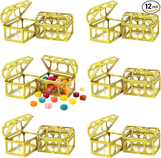 HAN SHENG 12 Pack Plastic Treasure Chest Candy Boxes - 2.9"x2.0" Transparent Empty Gift Favor Boxes for Wedding, Christmas, Birthday Party (Gold)