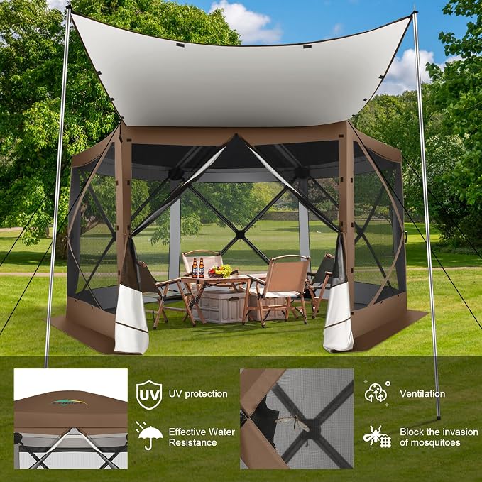COBIZI 12x12 FT Pop Up Canopy Extendable Tent, Gazebos On Clearance With Removable Roof, Screened In Gazebo,Screen Tents Portable carpas para patio for Outdoor Camping,Backyard, Garden,Brown(Upgraded)