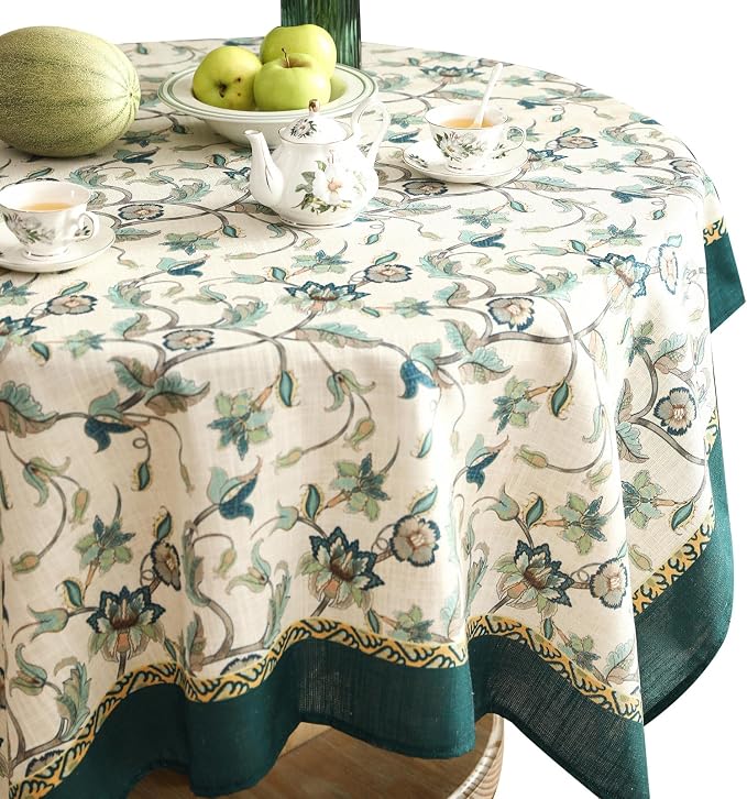 patdrea Vintage French Linen Tablecloth,Round,Diameter 55"-Noah | Heavyweight Floral Table Cloth for Round Table,Botanical Green Pattern,for Dining Room Tea Party Thanksgiving