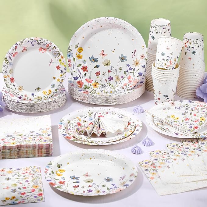 Ziliny 250 Pcs Wildflower Party Decorations Include Spring Summer Floral Paper Plates Napkins and Cups for Wildflower Baby Shower Tea Decorations, Serve 50 Guest (Colorful,Floral Style)