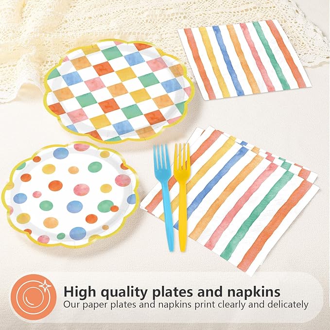 96Pcs Pastel Gingham Decorations Rainbow Gingham Plates and Napkins Colorful Striped Plaid Dots Tableware Set for Boys and Girls Baby Shower Pastel Birthday Preppy Party Supplies, Serves 24