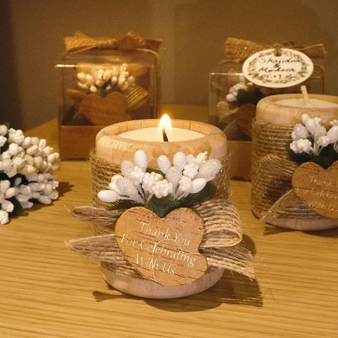 12PCS Wooden Tealight Candle Holders, Wedding Thank You Favors for Guests, Baptism/Bridal Shower Centerpieces for Tables, Wood Cylinder Candle Set for Baby Shower Decorations(Double Heart Tag)