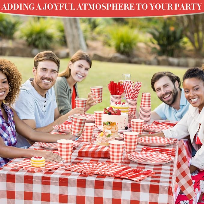 Funnymoom 452 Pcs Red Gingham Party Supplies for 50, Red and White Gingham Checkered Paper Plates Napkins Cups Tablecloth Cutlery Straws for Birthday Family Picnic Camping Barbecue Party Decoration