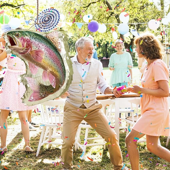 WERNNSAI Rainbow Trout Piñata - Fishing Party Decorations Trout Fish Piñata with Blindfold and Stick for Men Fishing Birthday Decorations Father's Day Celebration Carnival Supplies