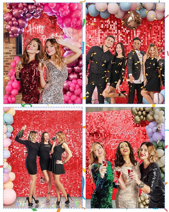 Red Shimmer Wall Backdrop 48 Panels Cover 6 x 8 Ft, Photo Backdrops for Wedding,Anniversary,Birthday,Party Decoration