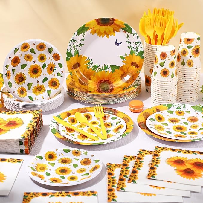 Pickmesh 400 Pcs Sunflower Party Supplies for 50 Guests Disposable Paper Plates Napkins Cups Spoons Forks Knives for Birthday Wedding Bridal Shower Baby Shower Sunflower Table Decorations
