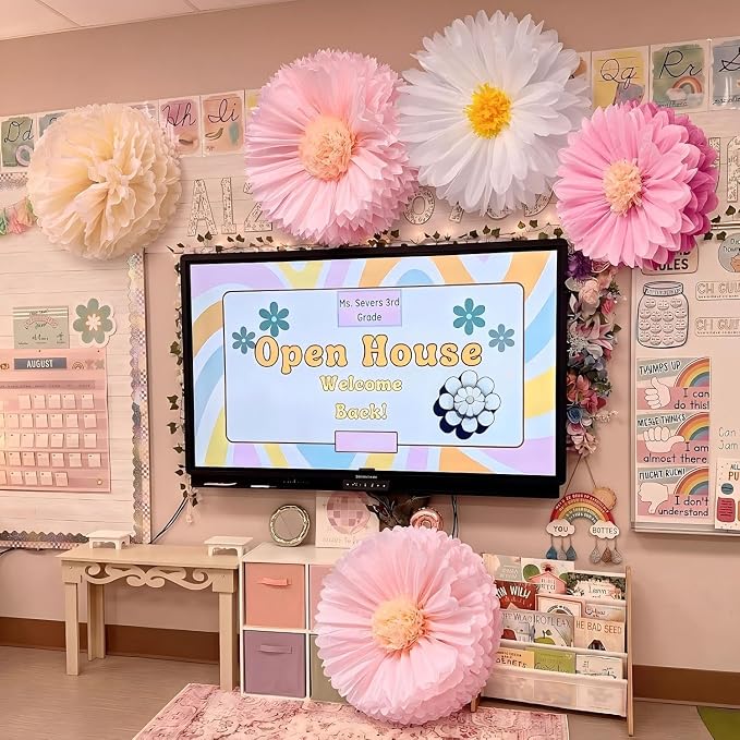 Chunful 5 Pcs 30'' 24'' Pink Giant Tissue Paper Flowers for Back to School Decor Large Hanging Crepe Paper Pom Poms for First Day of School Bulletin Board Welcome Party Decor