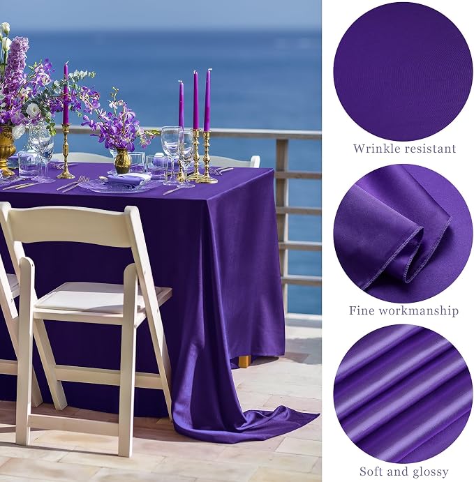TURSTIN 1 Pack Dark Purple Satin Tablecloth 102 x 58 Inch Overlay Satin Table Cover Rectangle Bright Silk Tablecloth Smooth Fabric Table Decoration for Wedding Banquet Party Events