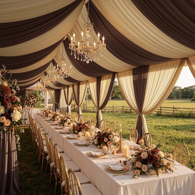 4 Panels 5x20ft Brown Ceiling Drapes for Wedding Parties, Wrinkle Free Thick Polyester 20ft Extra Long Wedding Draping Brown Ceiling Curtains Arch Drapery for Birthday Party Canopy Tent Decor