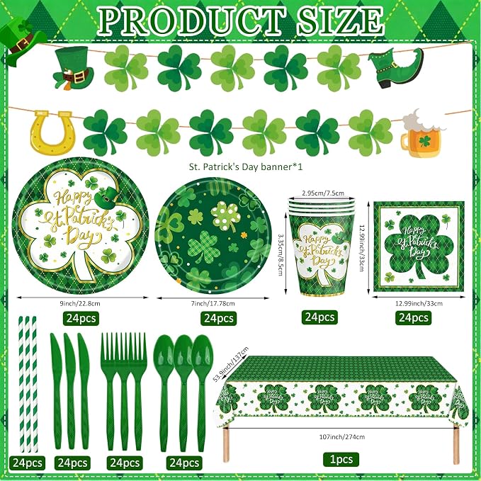 194 Pcs St Patricks Day Paper Plates & Napkins,Green Shamrock Paper Plates St Patricks Dinnerware Disposable Including Cup Straw Plastic Cutlery Banner Tablecloth for Saints Day Party Supplies
