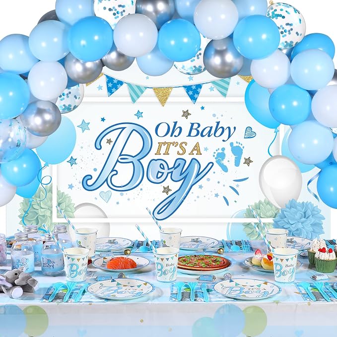 Chengu 194 Pcs Elephant Baby Shower Party Supplies - Blue It's a Boy Backdrop Banner, Tablecloth, Tableware & Balloons Party Decorations for Baby Showers Gender Reveal(Boy Style)