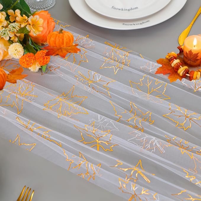 Snowkingdom 10ft Fall Table Runner, Gold Maple Leaves Thanksgiving Table Decorations, White Gauze Chiffon Sheer Cheesecloth Runner for Autumn Harvest Glitter Sparkle Dining Party Decor 120 Inches