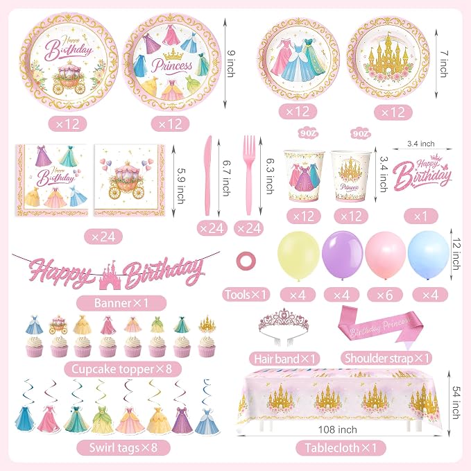 Princess Birthday Party Decorations – 199 PCS Princess Party Supplies for 24 Guests, Includes Plates, Cups, Napkins, Tablecloth, Castle Banner, Balloons, Cupcake Toppers, Tiara & Sash
