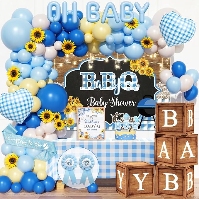 Baby Q Baby Shower Decorations for Boys, 128 PCs - BBQ Baby Shower Party Supplies with Blue Babyq Backdrop, Balloon Garland, Gingham Tablecloth, Cake Topper