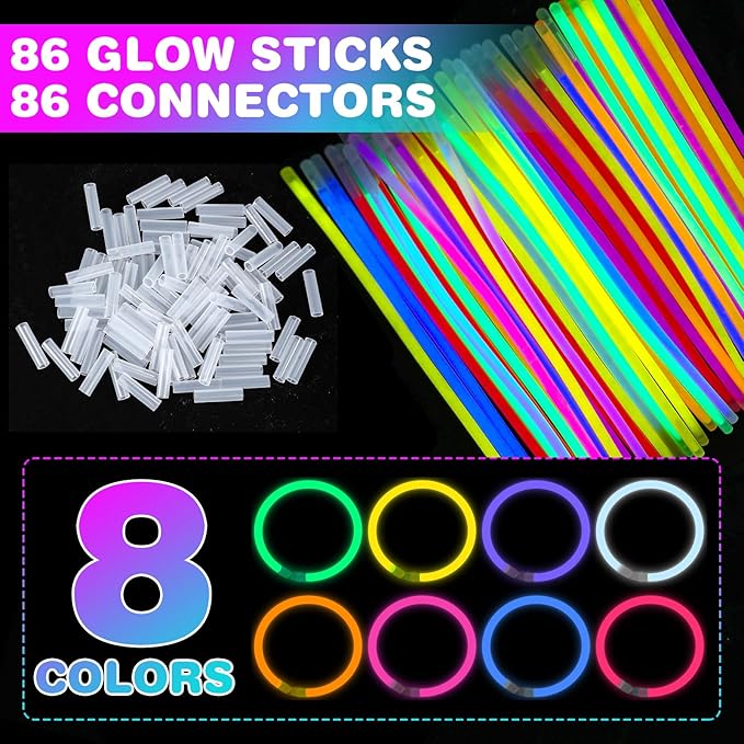 YixangDD 86 PCS Ultra Bright Glow Sticks, 8 Inch Glow Sticks Bulk Party Pack, Light Up Sticks for Glow Bracelets, Necklaces, Concerts, Christmas, Party Supplies with 86 Connectors