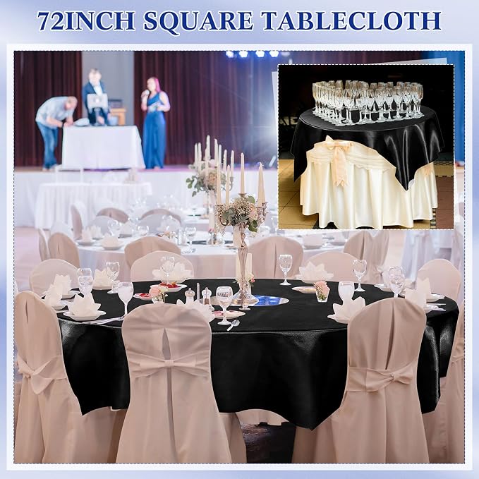 Newwiee 12 Pcs 72 Inch Satin Tablecloth Square Overlay Smooth Fabric Tablecloth Satin Table Cover Fabric Decoration Dining Cloths for Party Wedding Banquet Table Decoration(Black)