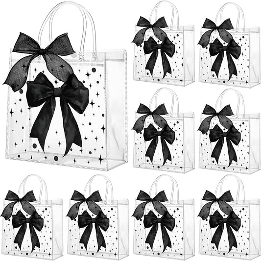 Wesnoy 24 Pcs Black Bow Clear PVC Gift Bags with Handles Coquette Bowknot Party Favor Candy Treat Tote Bags for Birthday Party Supplies (Bow)