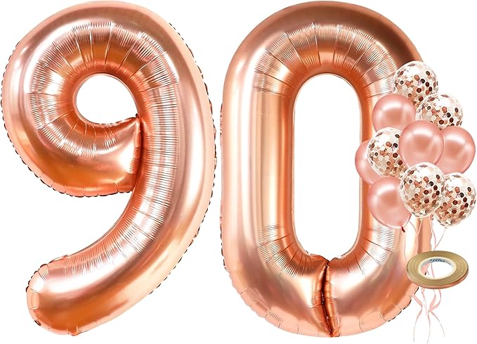 KatchOn, Rose Gold 90 Balloon Numbers - 40 Inch | Huge Rose Gold Balloons with Confetti - 36 Inch, Pack of 21 | 90th Birthday Decorations for Women | Rose Gold Birthday Decorations