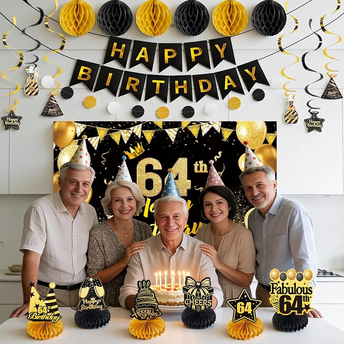 Happy Birthday Party Decoration Set: Including Birthday Banner Backdrop, Party Table Centerpieces and Hanging Swirl Party Streamers, Birthday Decor for Men and Women (Gold/Black, 64th Birthday)