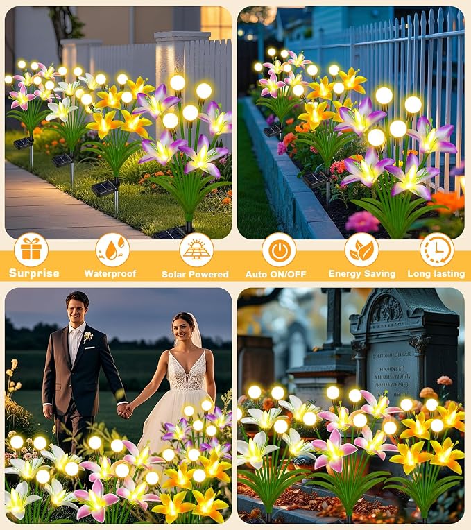 EDOF Solar Lights Outdoor Waterproof Garden Decor,4 Packs Lily Flowers Firefly Lights,Birthday Gifts for Women Mom,Solar Flowers Decorative Stakes Lights for Outside Yard Lawn Patio Porch Decorations