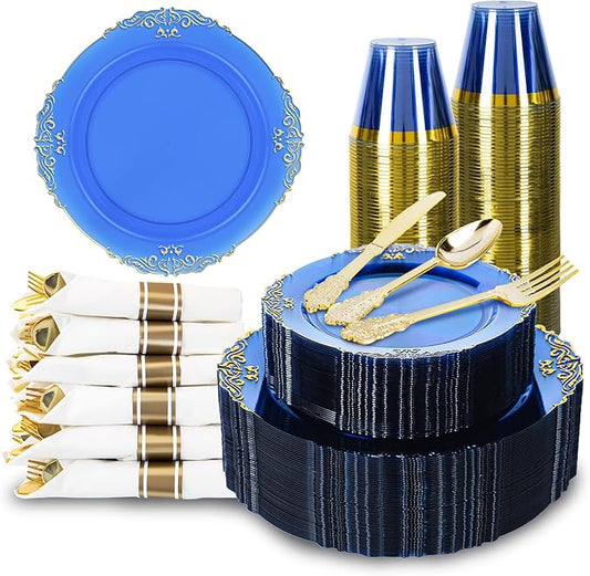 350PCS Gold and Blue Plastic Plates, Gold Plastic Dinnerware Sets for 50 Guests, 100 Disposable Plates, 150 Silverware, 50 Cups, 50 Napkins for Party and Wedding