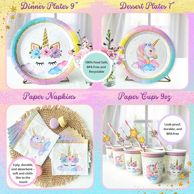 152 Pc Unicorn Birthday Decorations for Girls, Complete Party Supplies Kit | 2026 Family Choice Award winner – plates, napkins, cutlery, straws, pom-poms, balloons, banner, headband, bracelet & more